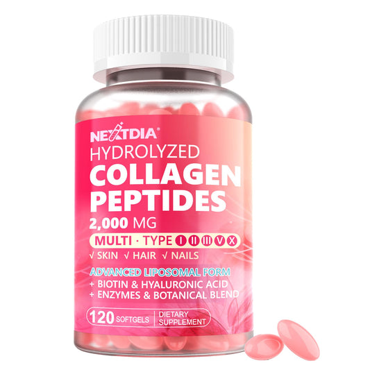 Nextdia hydrolyzed collagen pills bottle showing daily capsules for inner beauty and absorption