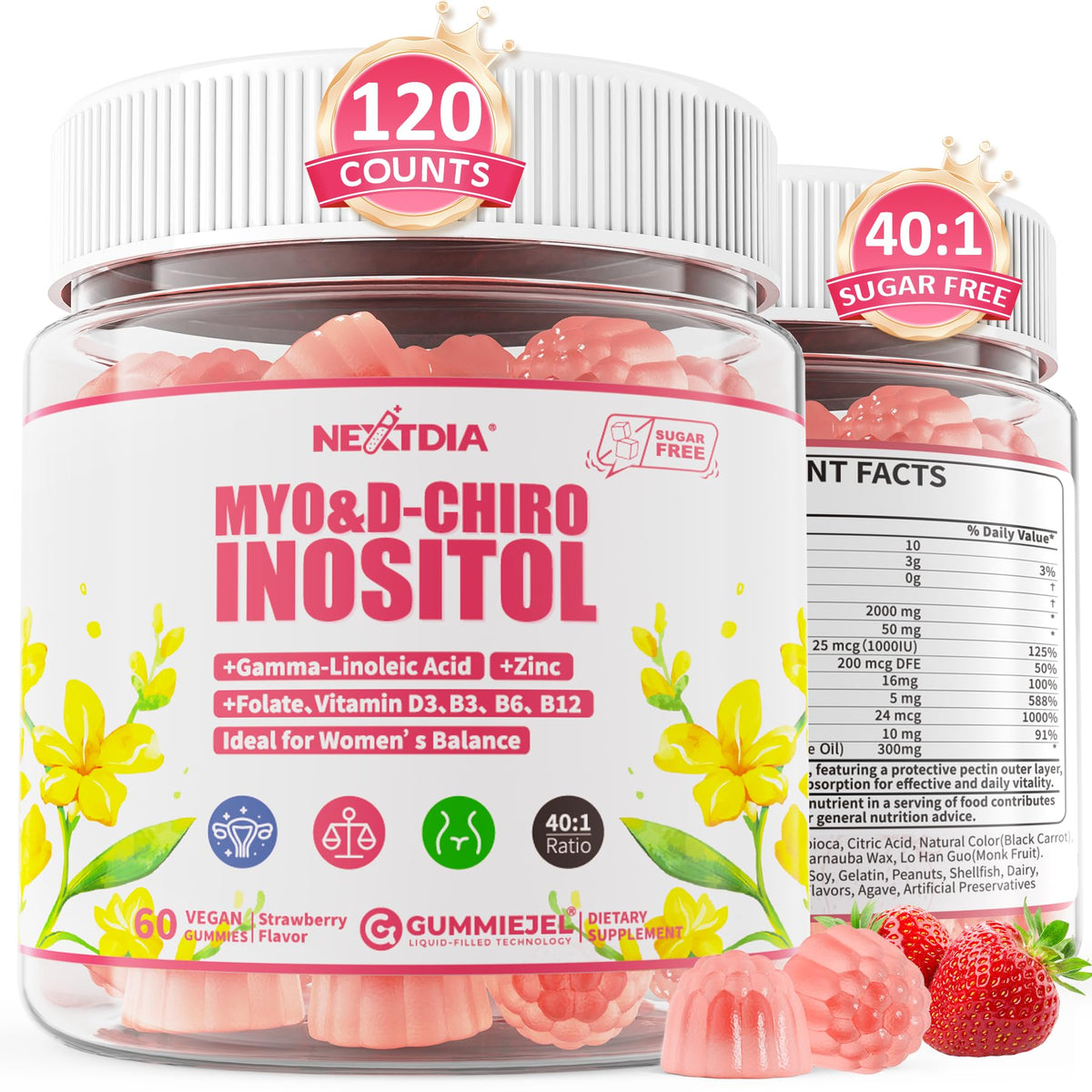 Nextdia Inositol Gummies bottle for women's hormonal balance and daily wellness.
