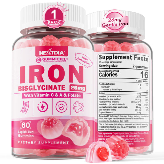 Nextdia Iron Bisglycinate Gummies bottle with strawberry flavor and gentle digestion.