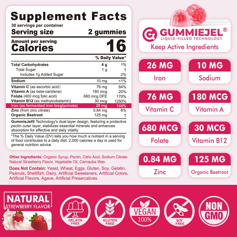 Nextdia gummies packaging close-up highlighting ferric bisglycinate and vegan ingredients.
