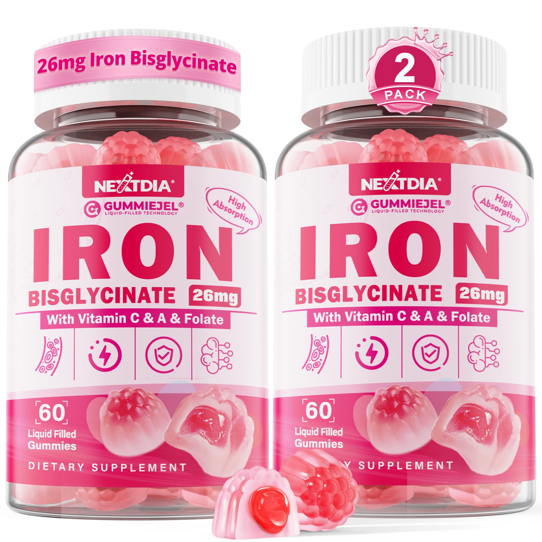 Nextdia Iron Bisglycinate Gummies bottle label highlights gentle iron and beetroot blend for daily wellness