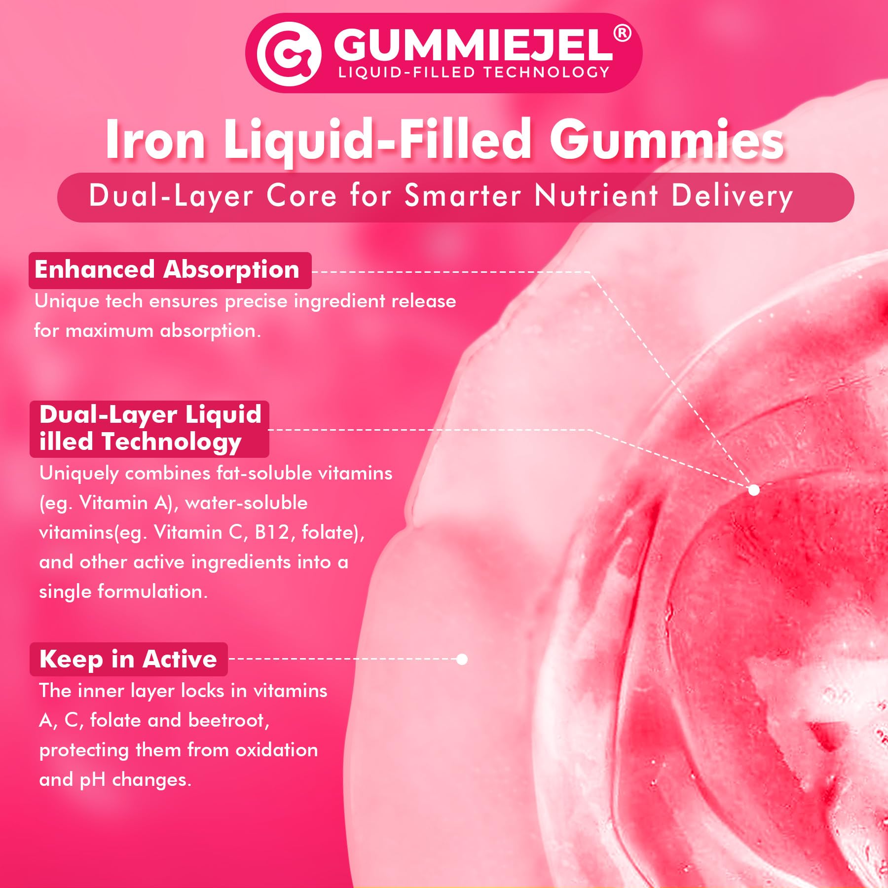 Closeup of Nextdia gummies label detailing 26 mg iron per serving
