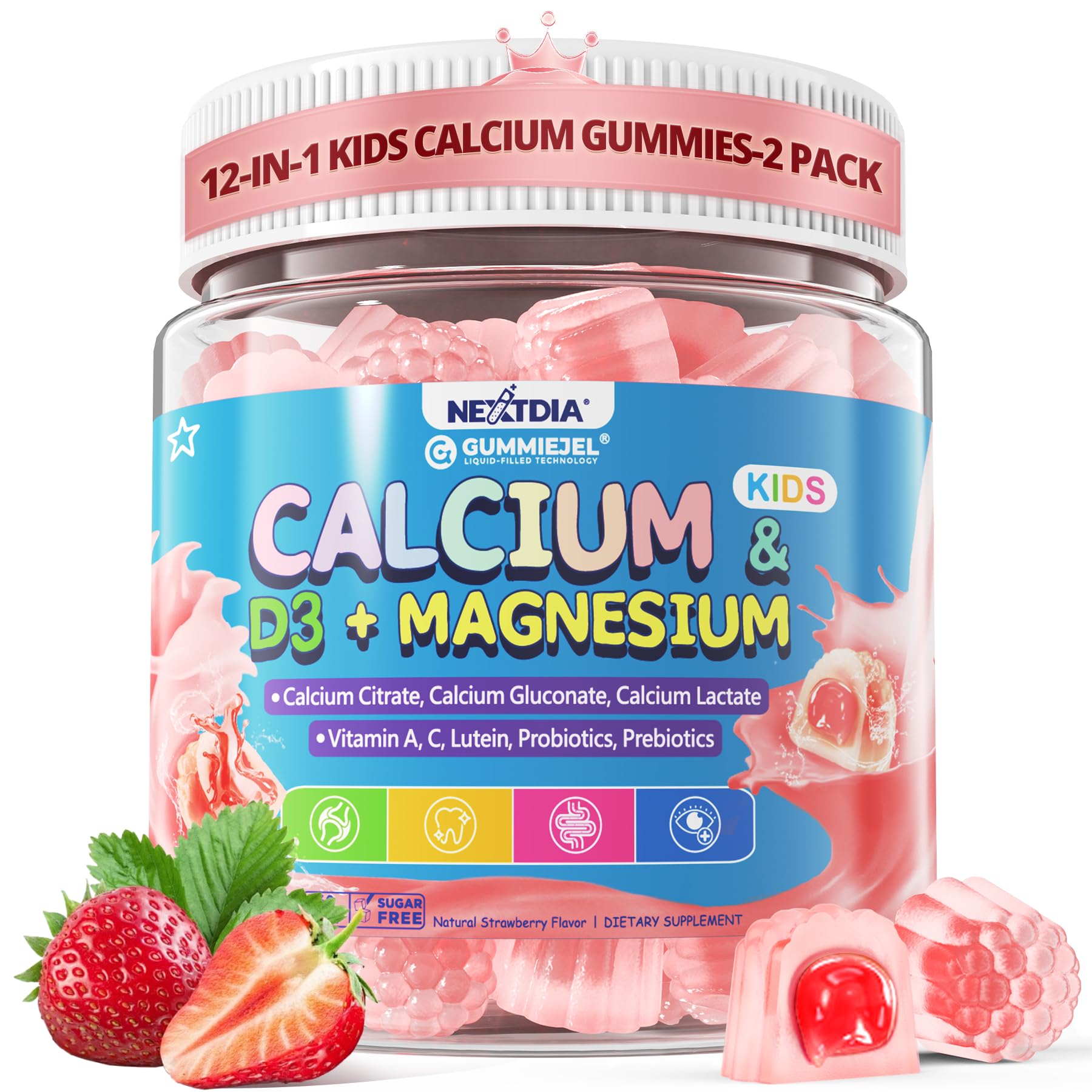Nextdia Kids Calcium Gummies bottle displaying a berry-flavored, bone-supporting supplement for children.