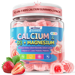 Nextdia Kids Calcium Gummies bottle displaying a berry-flavored, bone-supporting supplement for children.