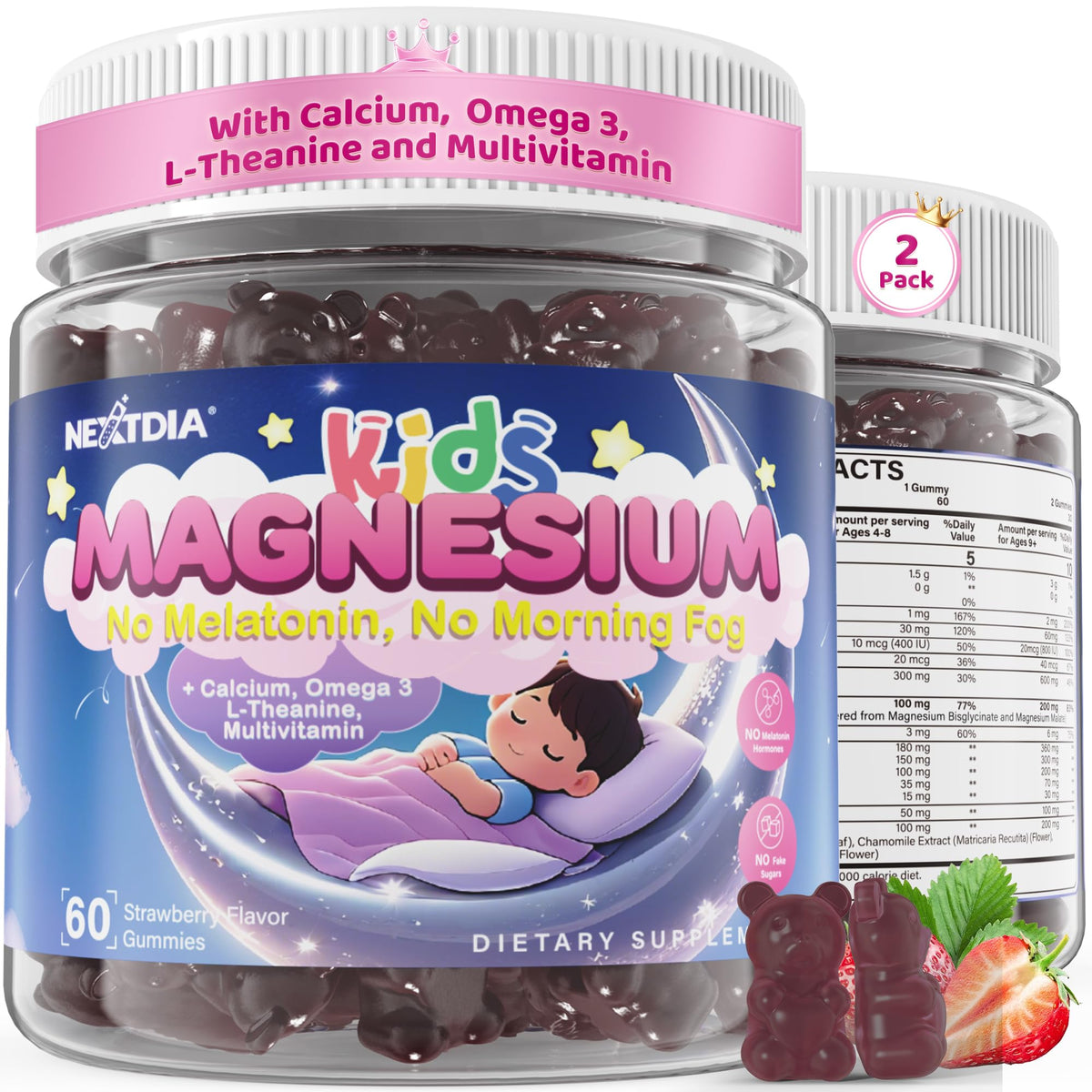Nextdia Kids Gummies bottle front with melatonin-free sleep support for restful nights.