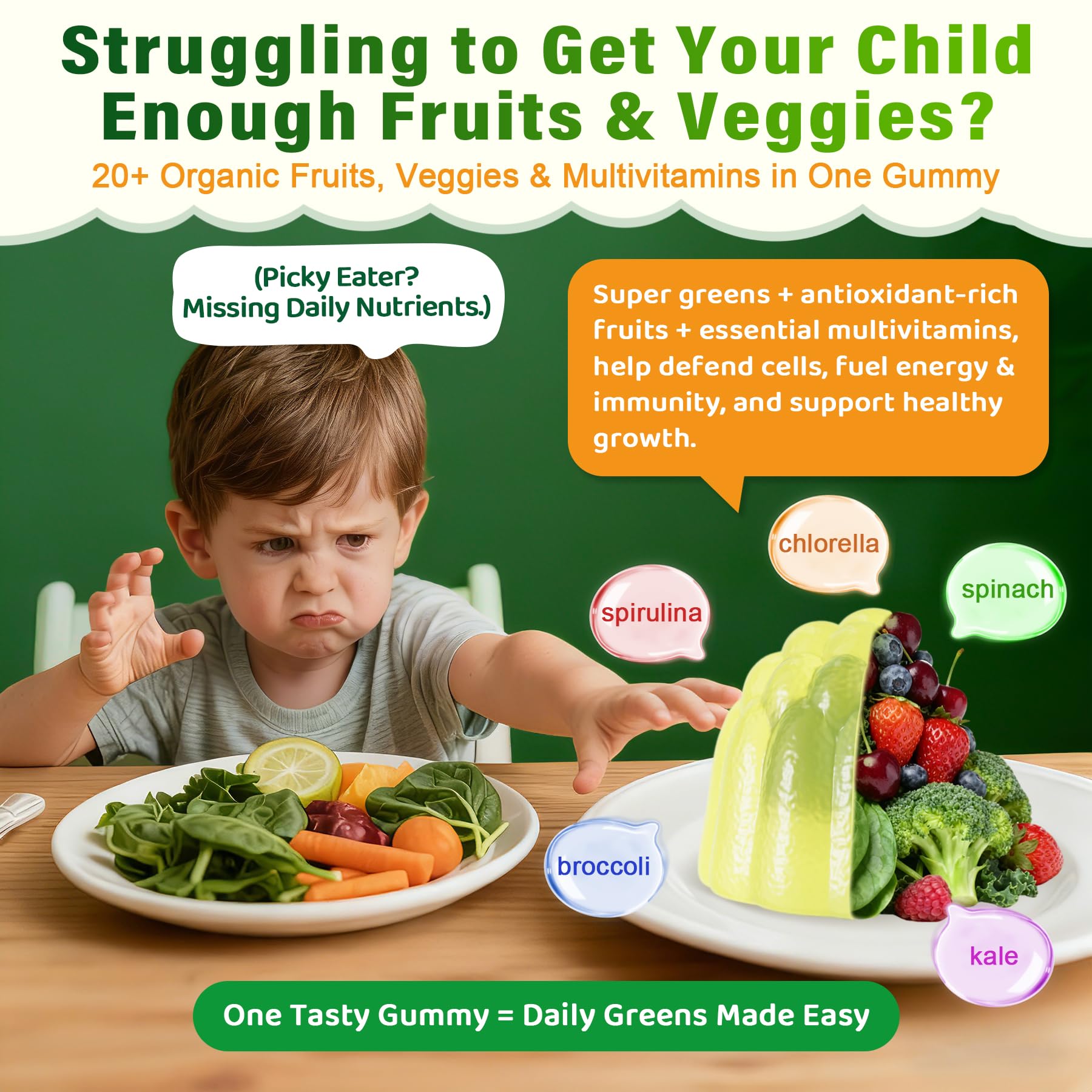 Nextdia Kids Multivitamin Gummies ingredients label reveals greens, fruits, and essential vitamins.