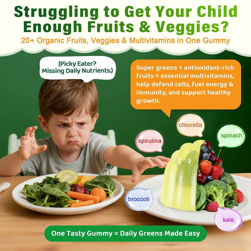 Nextdia Kids Multivitamin Gummies ingredients label reveals greens, fruits, and essential vitamins.