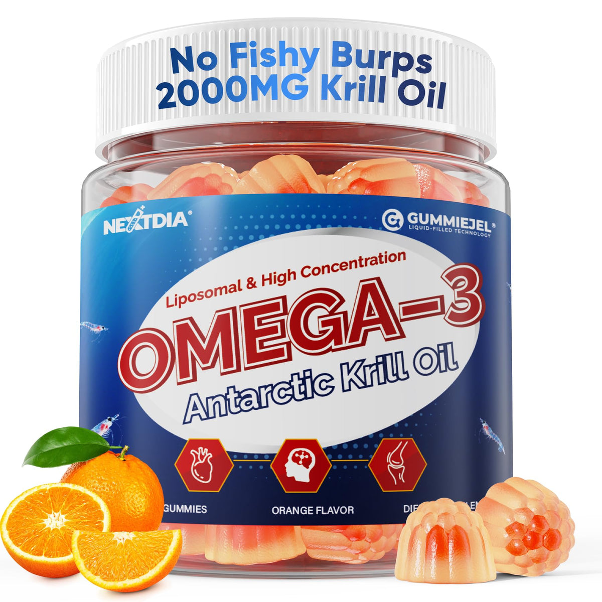 Nextdia krill oil gummies bottle front for daily omega-3 support in a premium package.