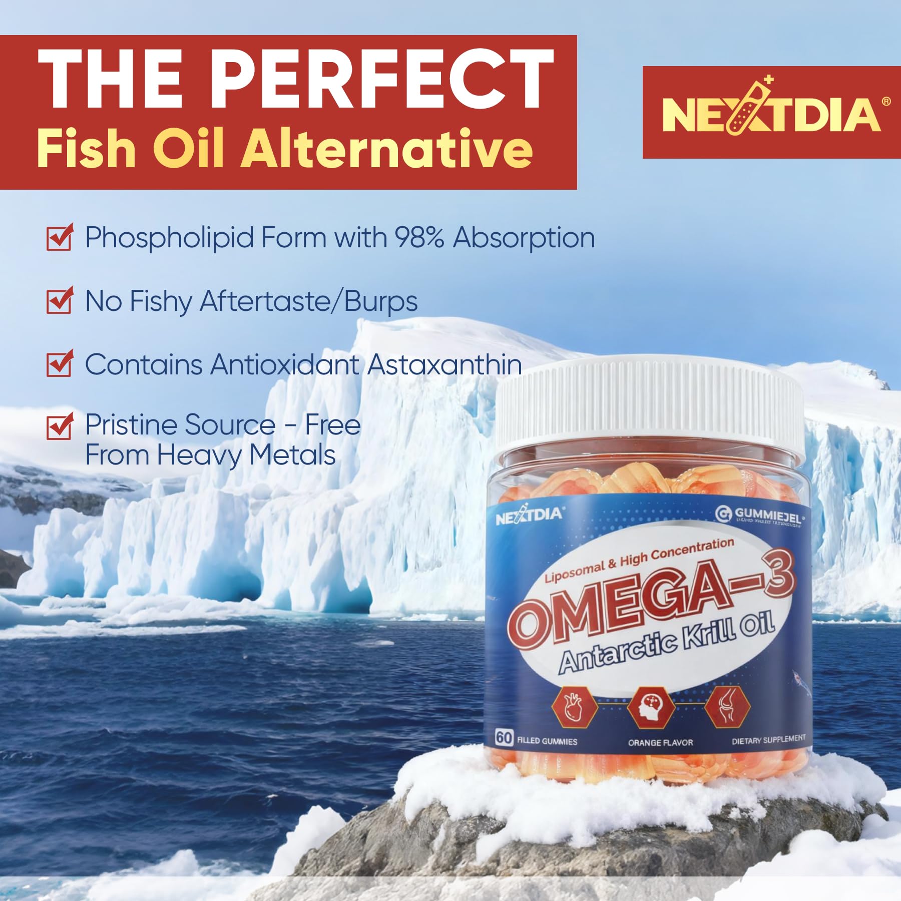 Nextdia krill oil gummies box shows easy storage and daily routine fit.