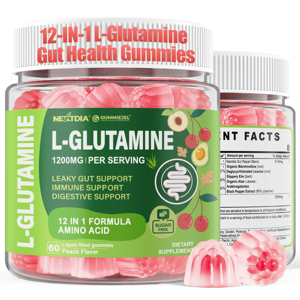 Nextdia L-Glutamine 1200mg bottle front with sugar-free gut support gummies.