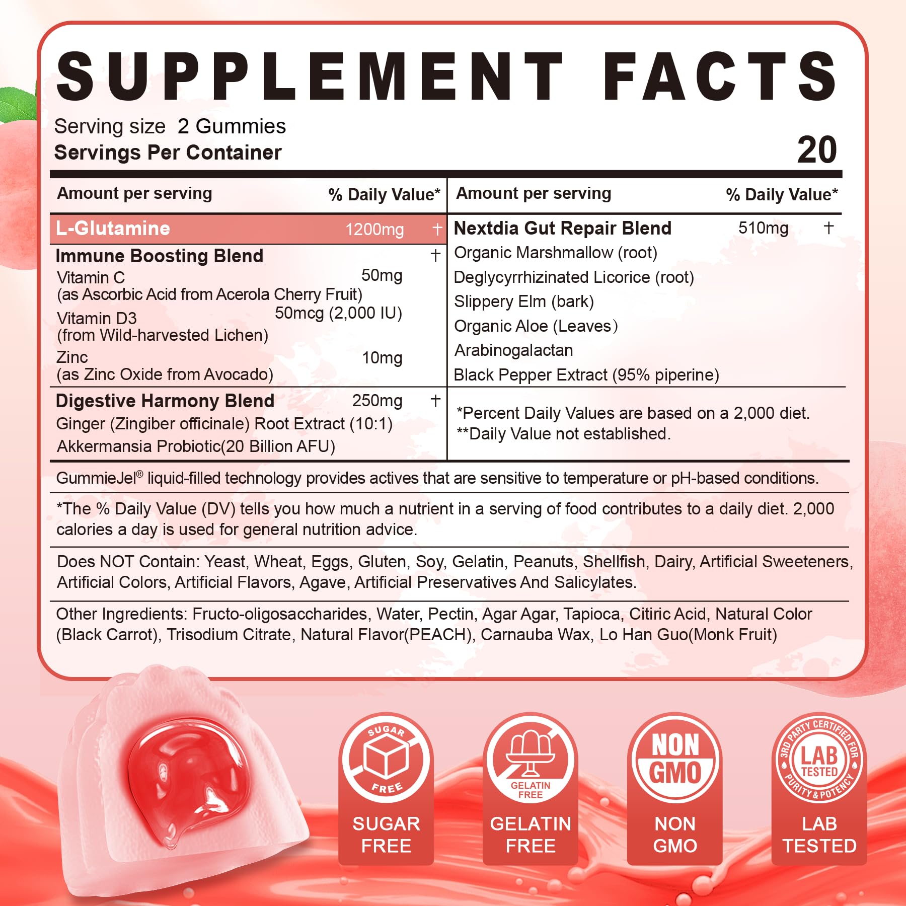 Nextdia L-Glutamine 1200mg gummy cross-section reveals liquid center for potency.