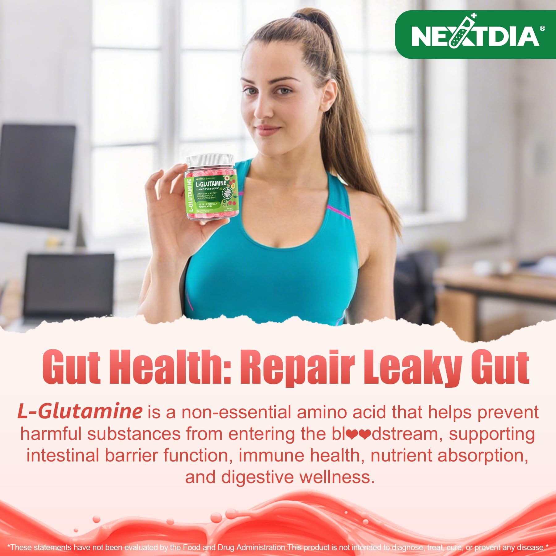 Nextdia L-Glutamine 1200mg ingredients panel highlights digestive botanicals and minerals.