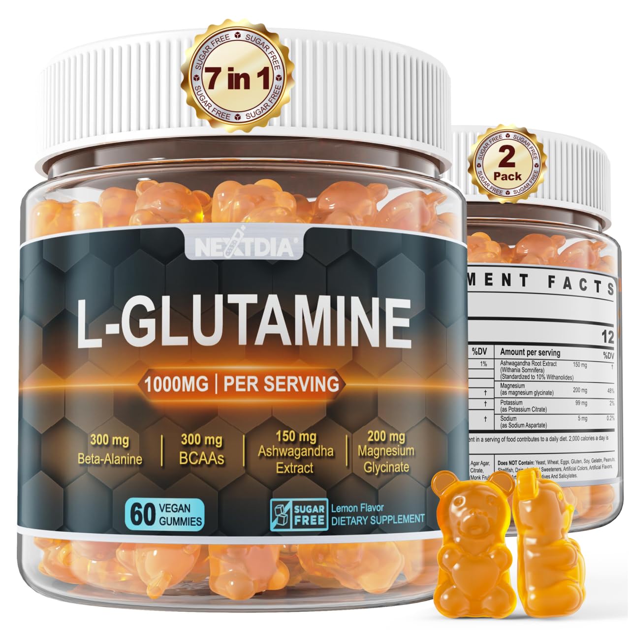 Nextdia L-Glutamine gummies bottle shows 120-count daily serving.