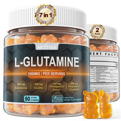 Nextdia L-Glutamine gummies bottle shows 120-count daily serving.