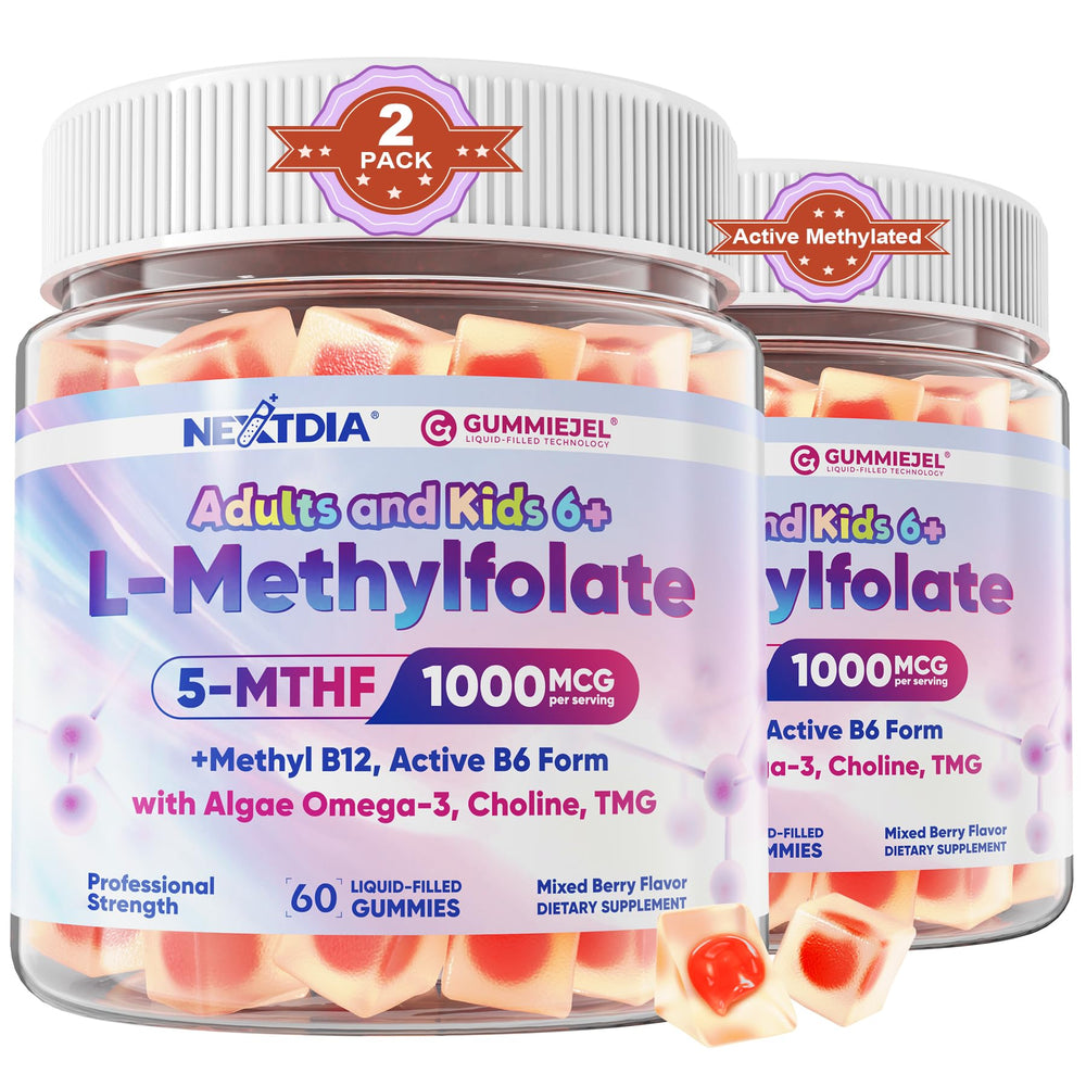 Nextdia L-Methylfolate gummies jar front view, convenient sugar-free daily support for all ages.