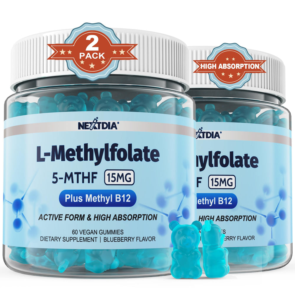 Nextdia L-MethylFolate gummies, front view, high-absorption vegan formula.