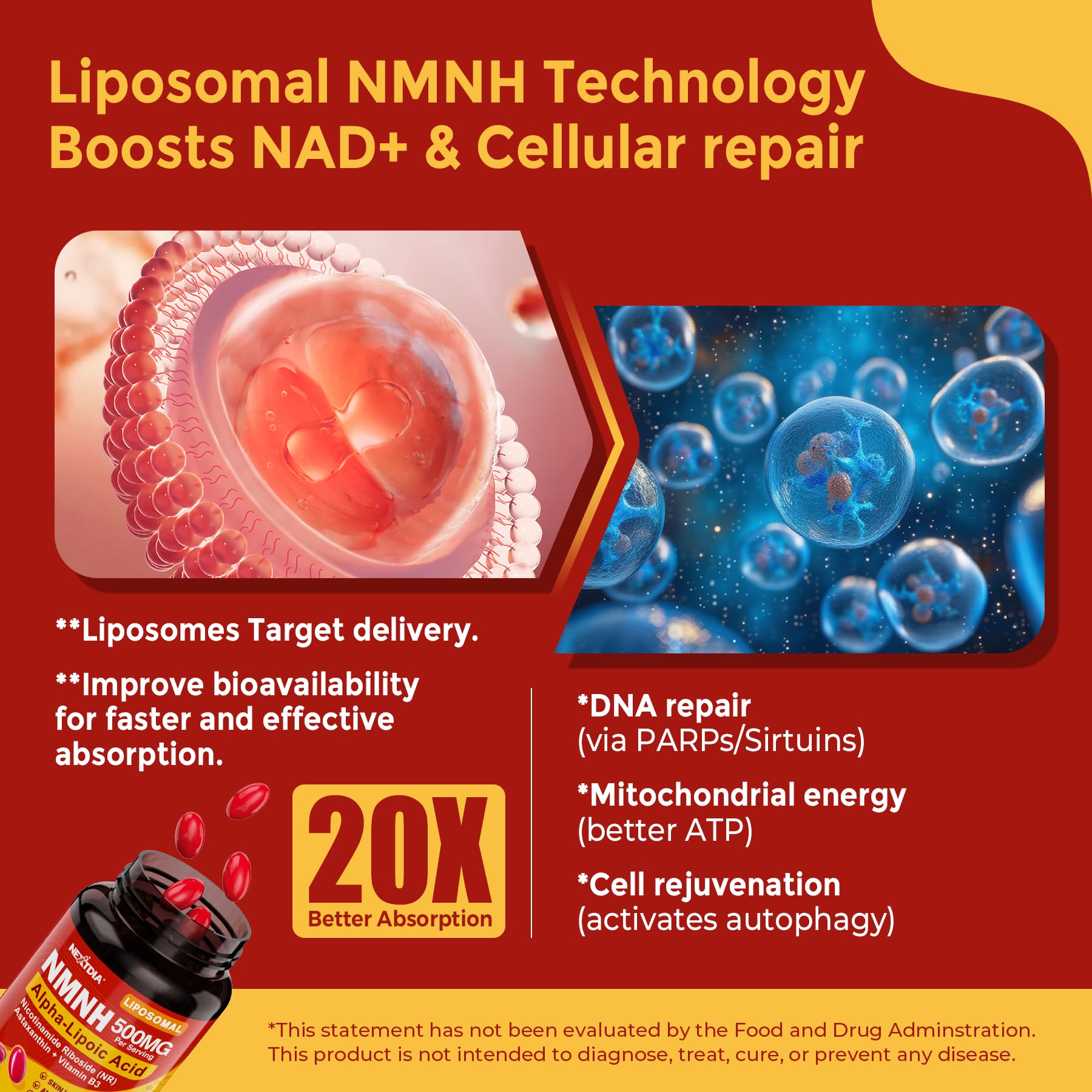 Nextdia label close-up shows NR and nicotinamide riboside details for clarity.