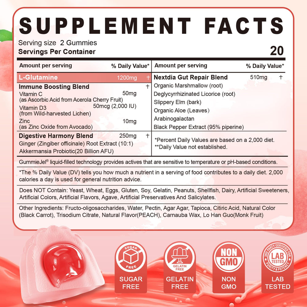 Nextdia gummies close-up shows ingredients and fruity flavor for easy daily use.