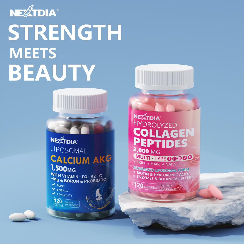 Nextdia Liposomal Calcium AKG bottle on shelf highlighting non-GMO vegetarian formula