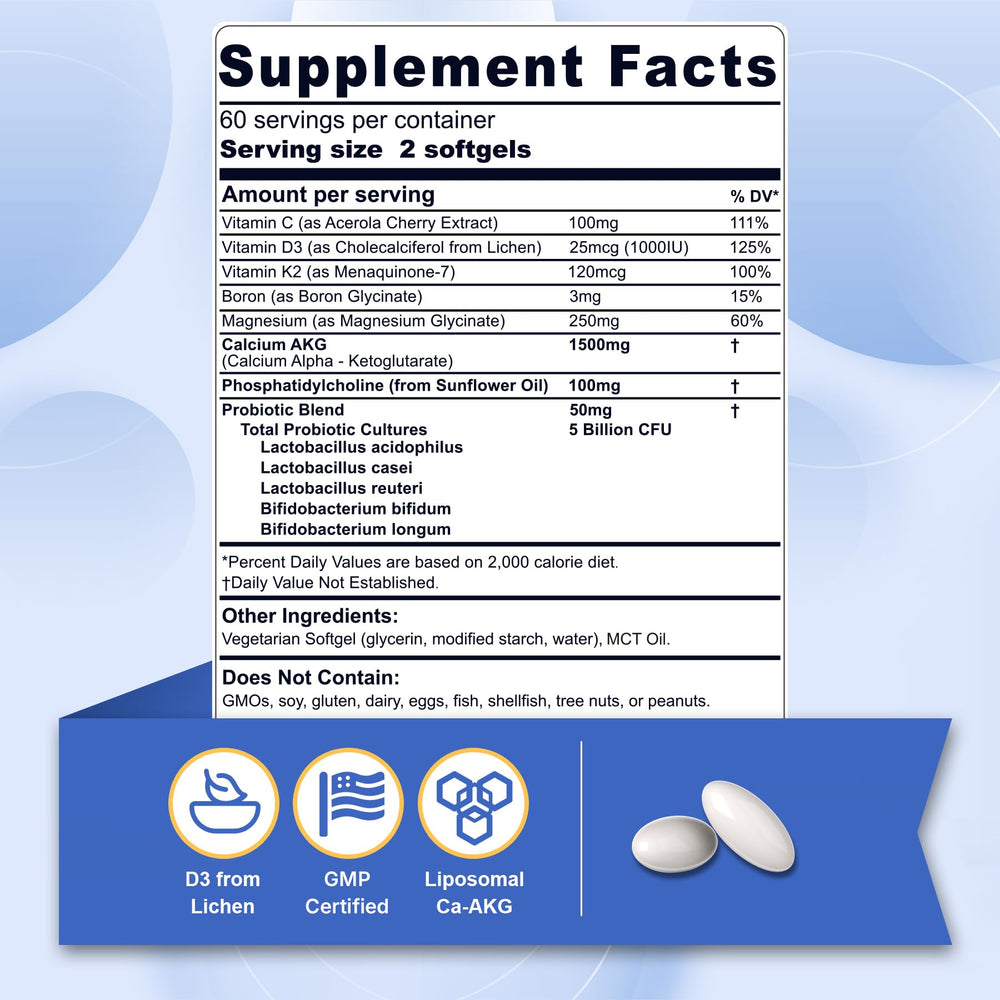 Nextdia liposomal calcium AKG softgels close-up highlighting high absorption.
