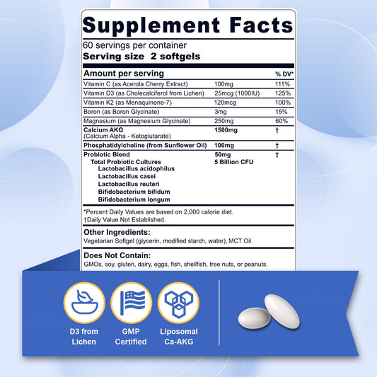 Nextdia liposomal calcium AKG softgels close-up highlighting high absorption.