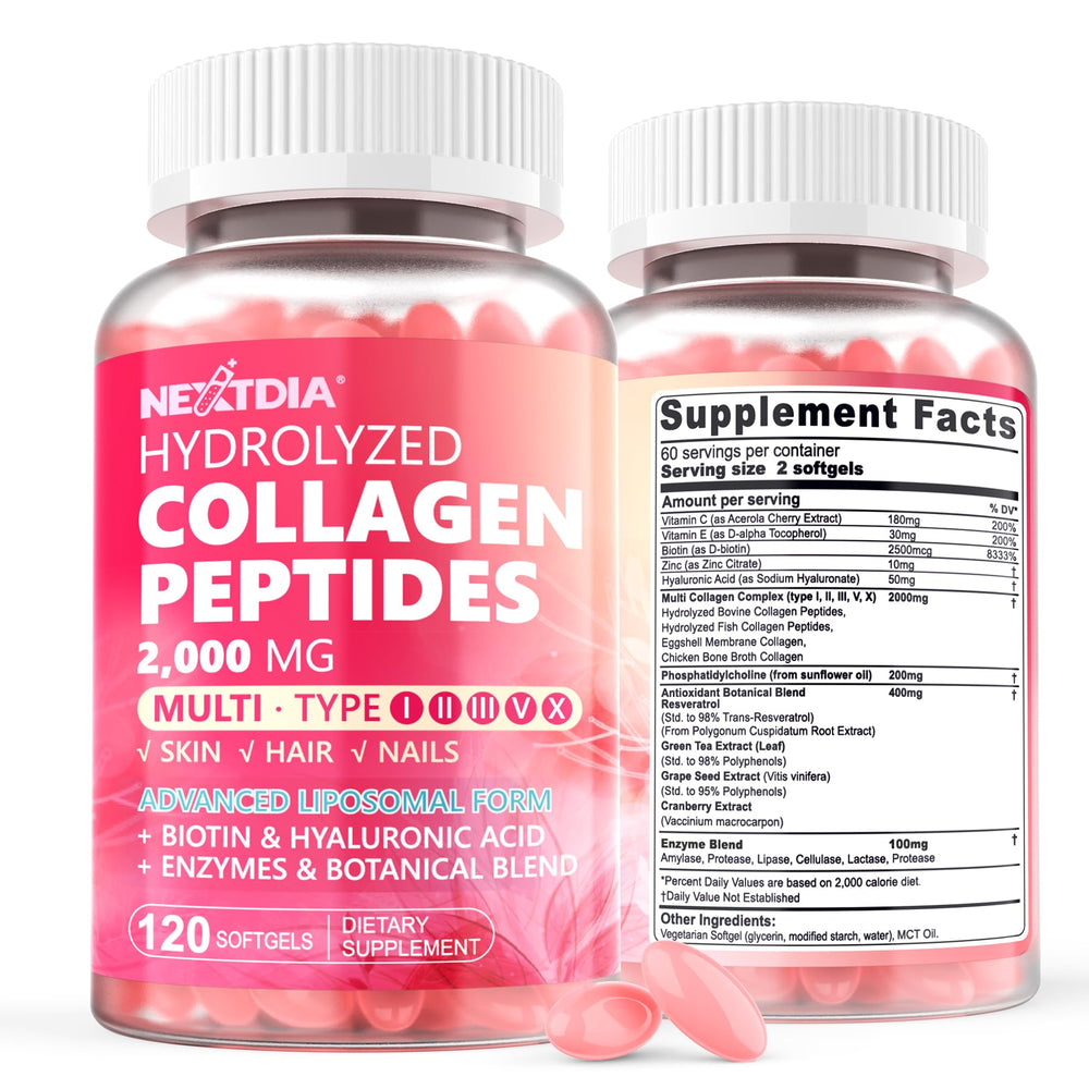 Nextdia liposomal collagen softgels bottle showcasing a premium beauty supplement for skin and nails.