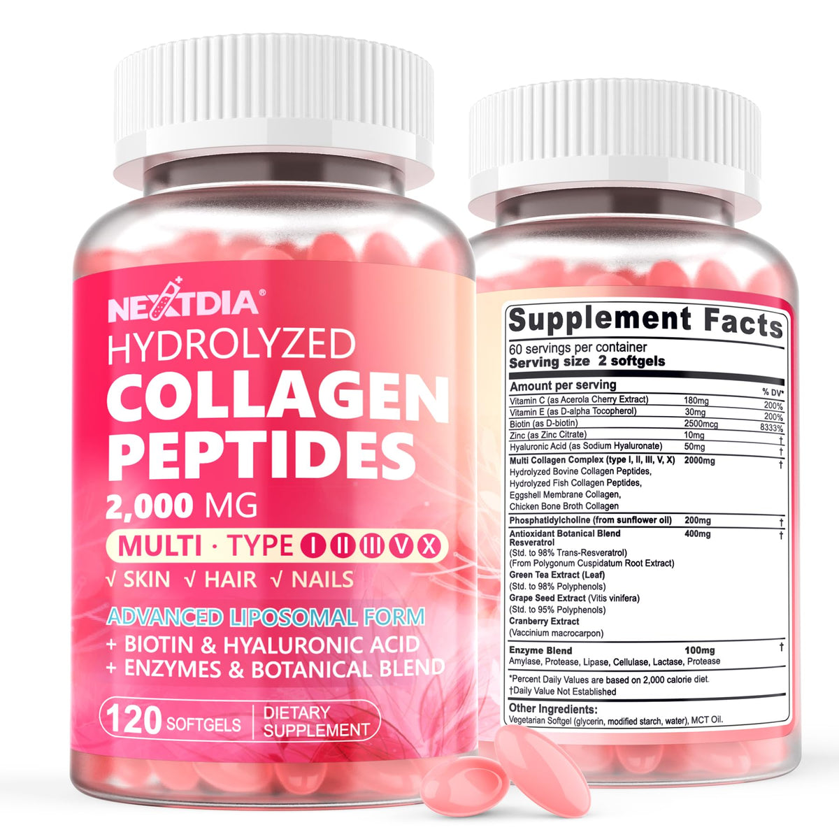 Nextdia liposomal collagen softgels bottle showcasing a premium beauty supplement for skin and nails.