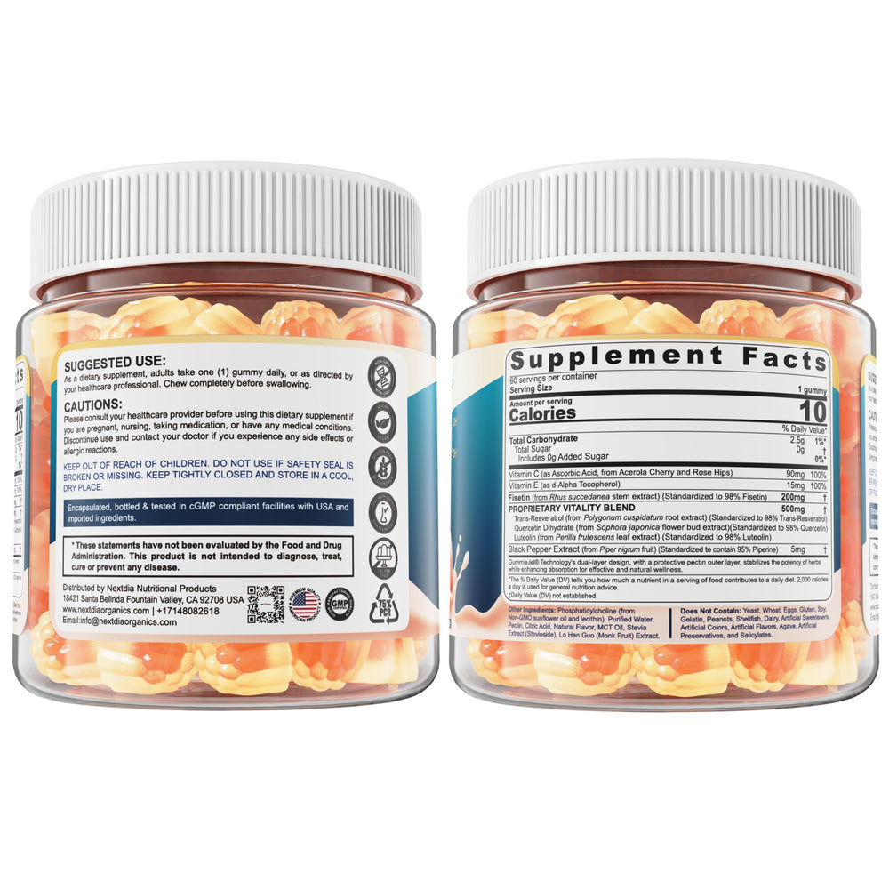Nextdia Liposomal Fisetin Gummies bottle pouring for easy daily dose.