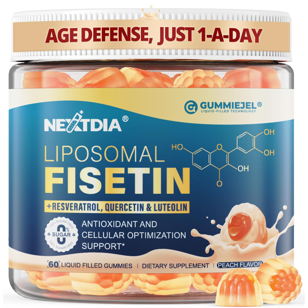 Nextdia Liposomal Fisetin Gummies bottle highlights peach flavor for daily vitality.
