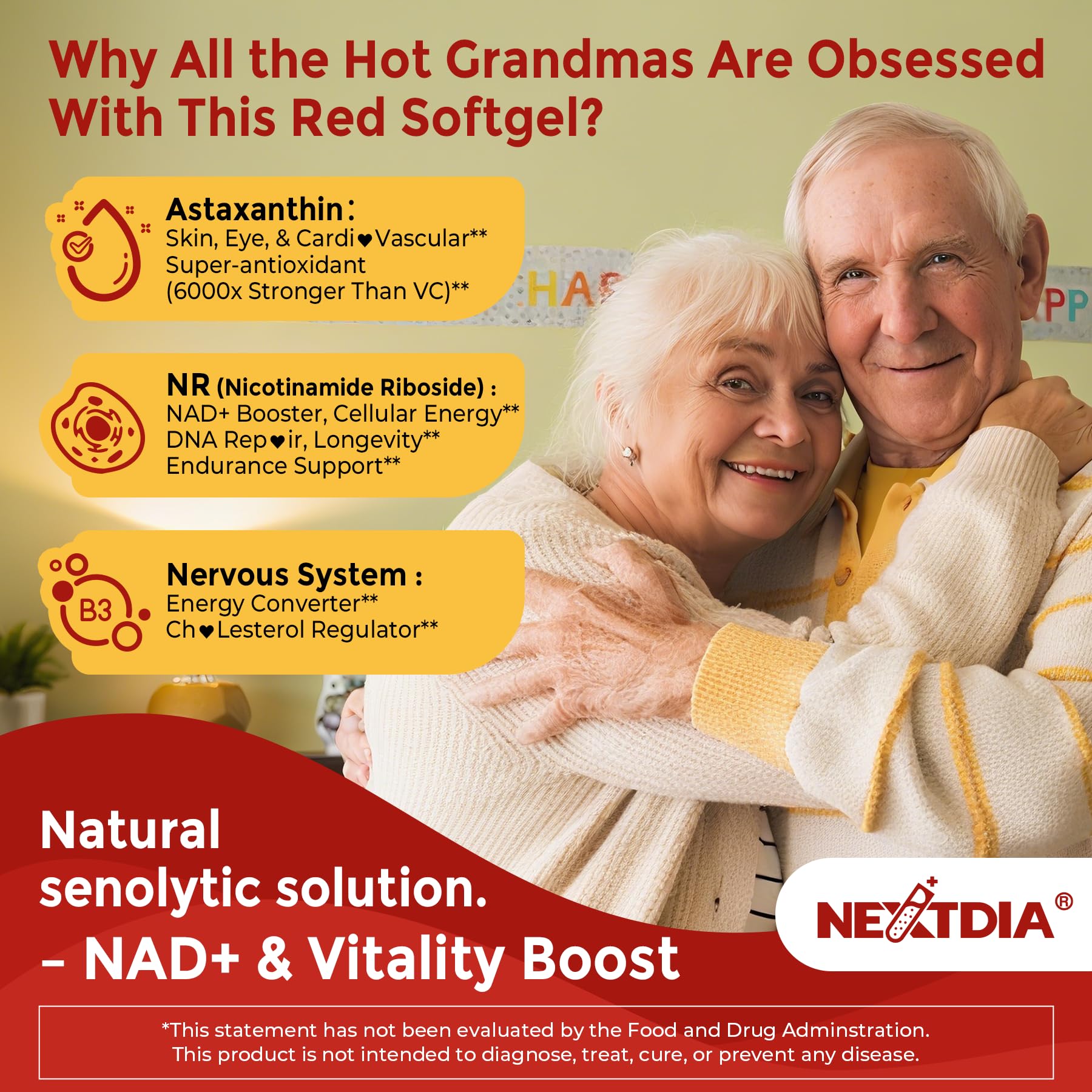 Nextdia Liposomal NMNH bottle assembly showing premium daily supplement routine.