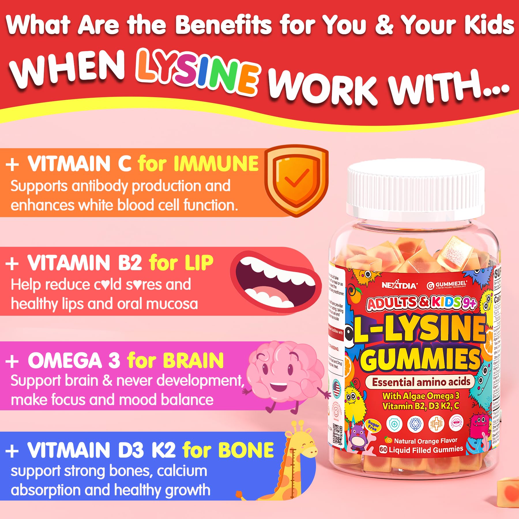 Nextdia L-Lysine gummies with algae omega-3 illustration for brain health.