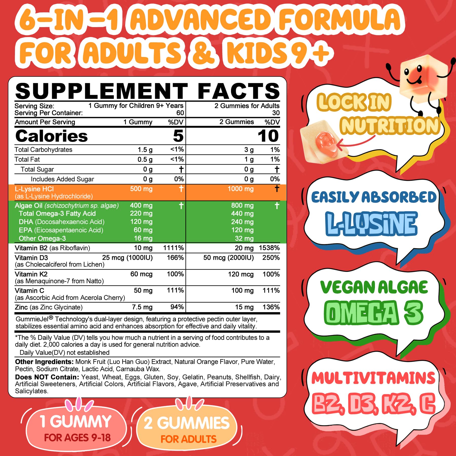 Nextdia L-Lysine gummies for kids 9 plus, bright packaging.