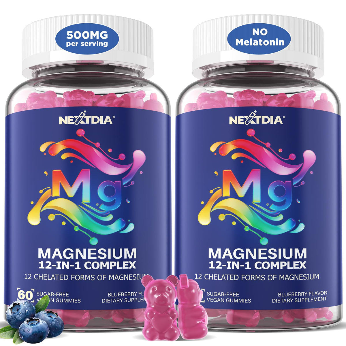 Nextdia Magnesium 12-in-1 bottle front view showing gummies for daily calm