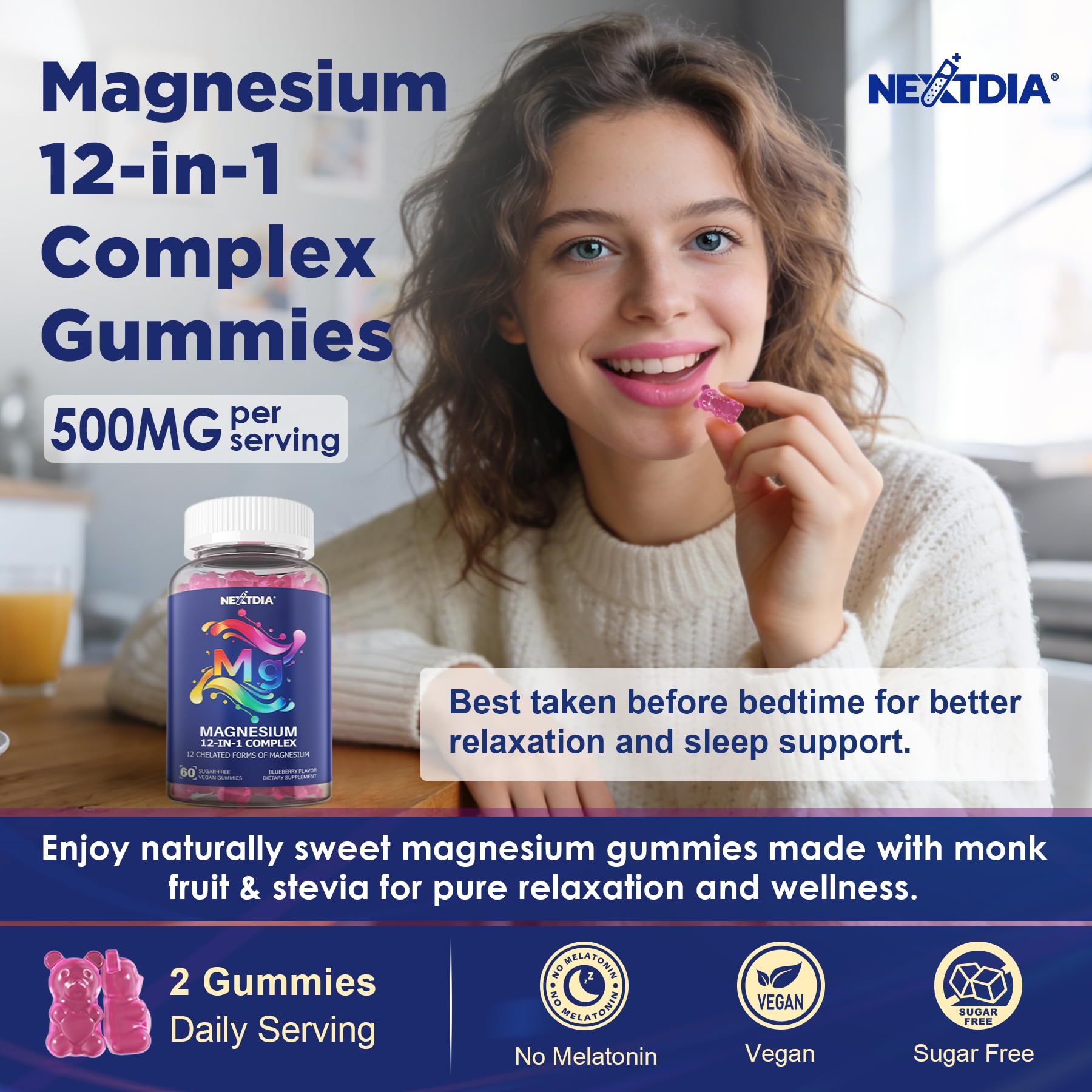 Nextdia Magnesium 12-in-1 glossy label highlighting 12 forms