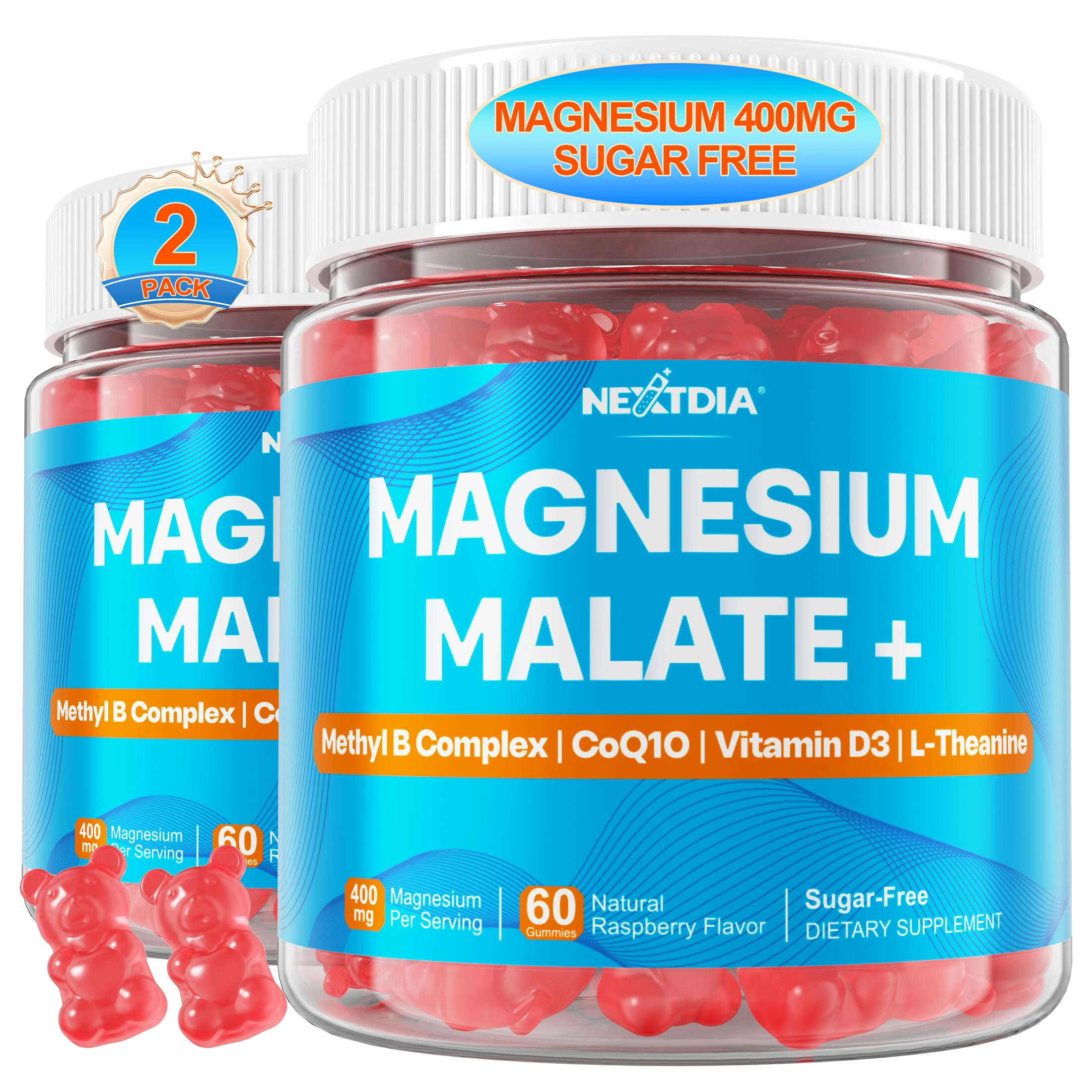 Nextdia Magnesium Malate Gummies bottle front for daily vitality and calm energy