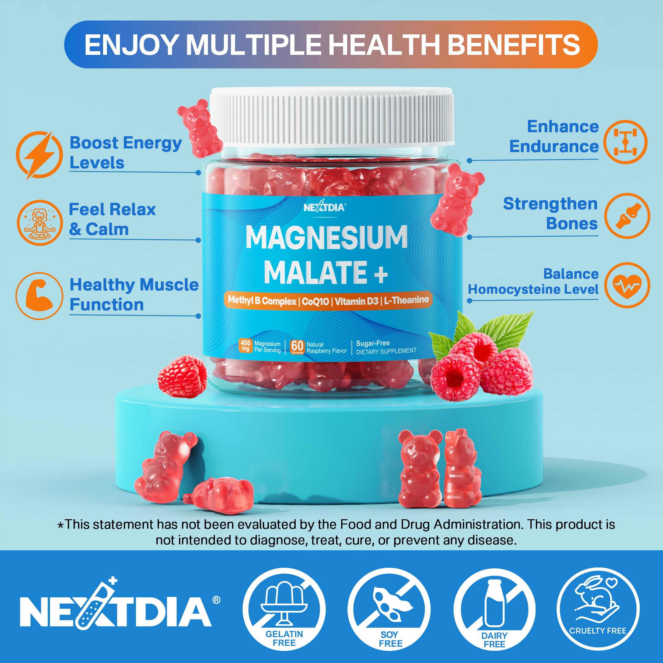 Nextdia Magnesium Malate Gummies ingredient panel with CoQ10 and B vitamins