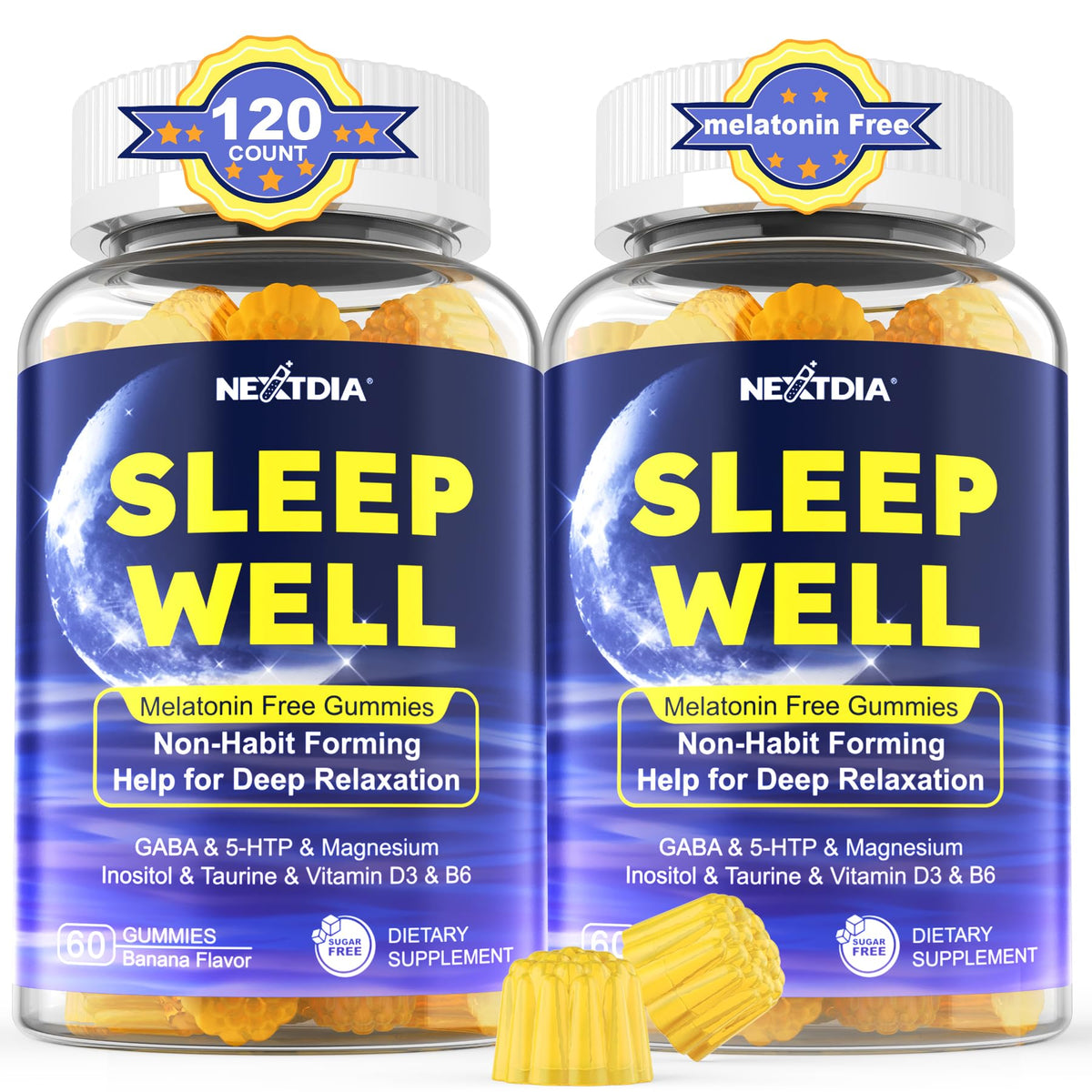 Nextdia melatonin-free sleep gummies bottle promotes calm evenings.