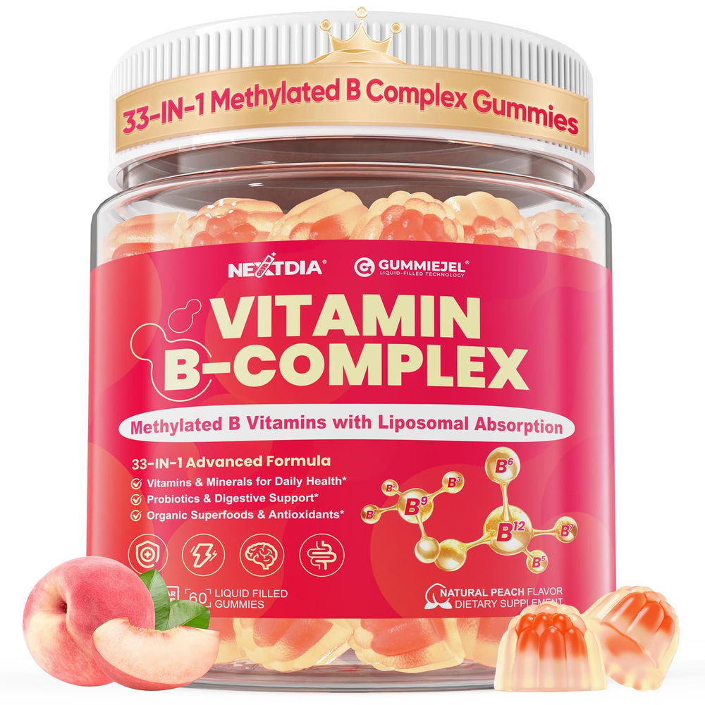 Nextdia Methylated B Complex gummies bottle pour suggests convenient energy support.