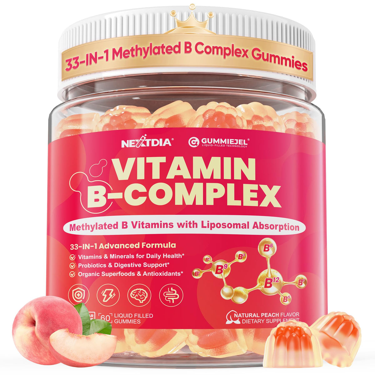 Nextdia Methylated B Complex gummies bottle pour suggests convenient energy support.