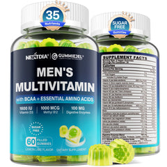 Nextdia methylated multivitamin for men gummies bottle highlights compact daily-use packaging.