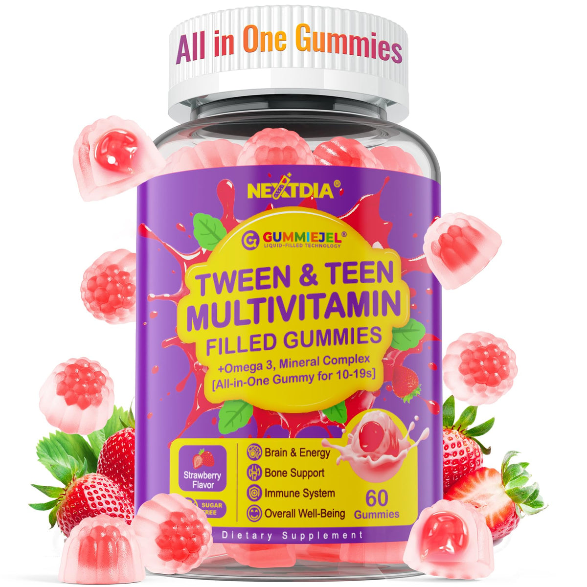 Nextdia multivitamin filled gummies teen bottle shows a convenient daily energy option.
