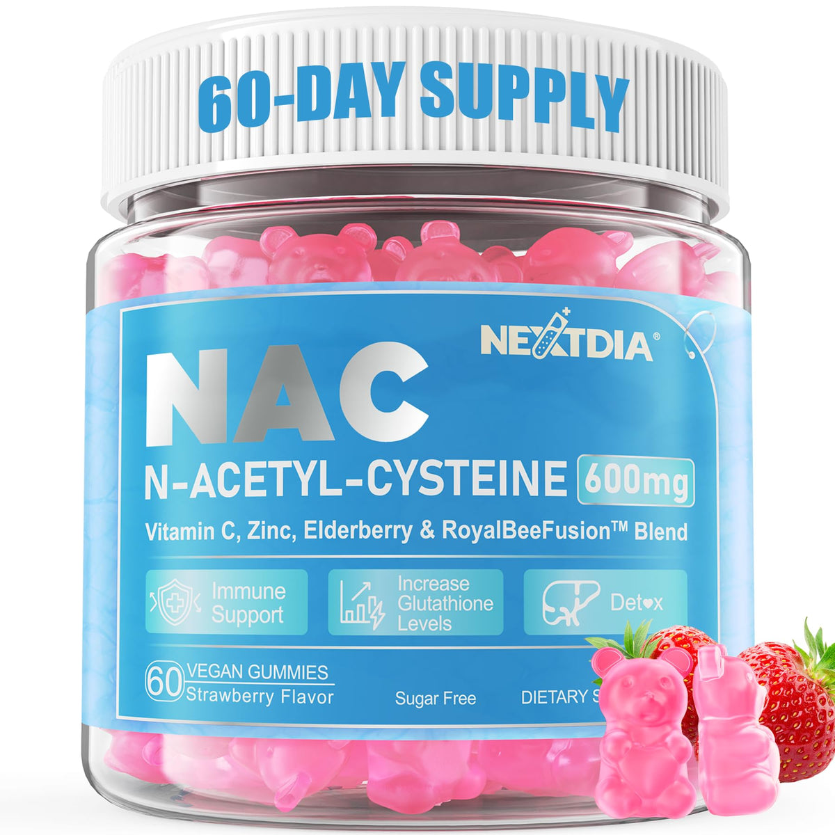 Nextdia NAC Gummies bottle front showcases a sugar-free, convenient daily supplement for immunity.