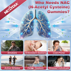 Nextdia NAC Gummies sugar-free-badge shows Stevia and Monk Fruit sweetness.