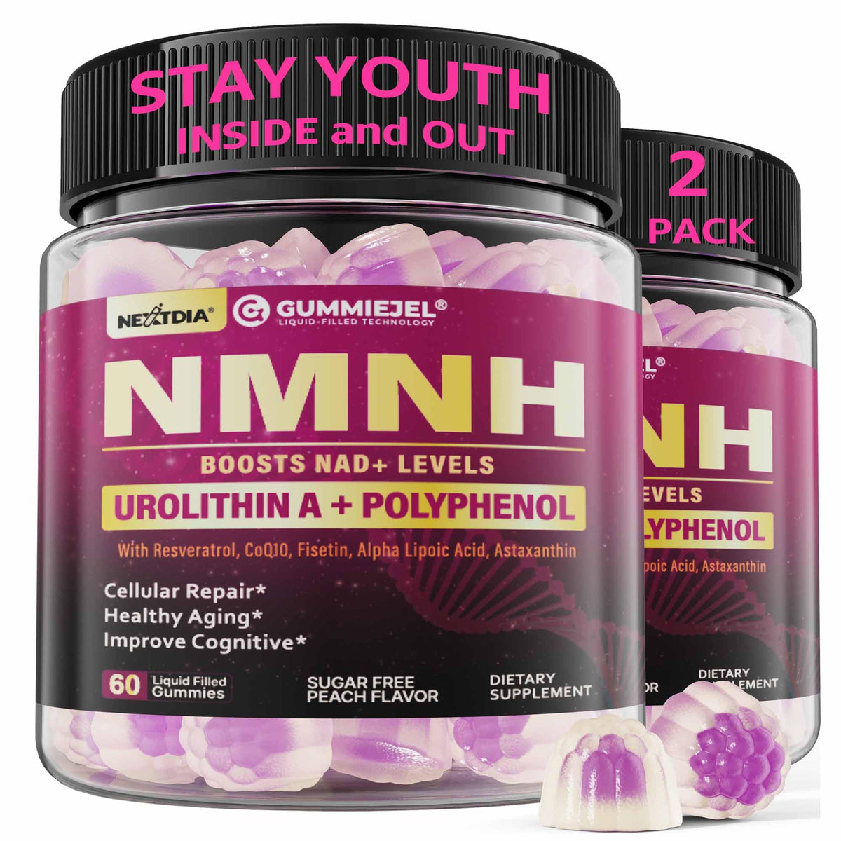 Nextdia NMNH gummies bottle front highlights peach flavor and NAD+ support.