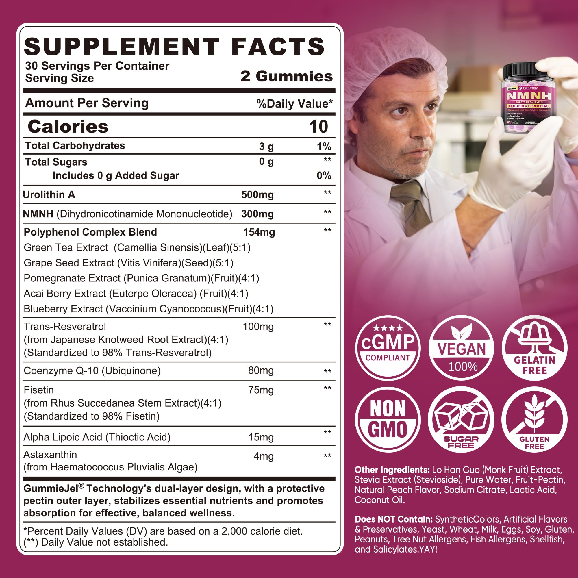 Nextdia NMNH gummies bottle side shows sugar-free, convenient daily antioxidant boost.