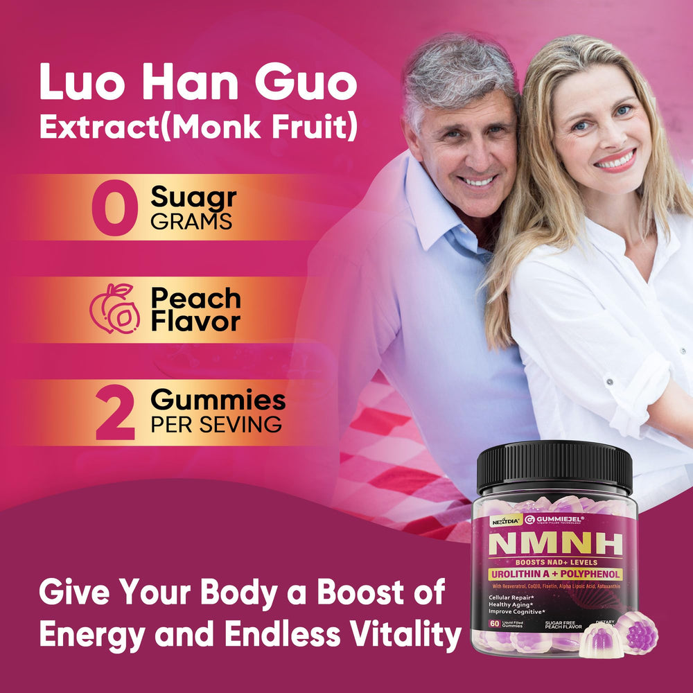 Nextdia NMNH gummies flavor peach close-up hints at tasty sugar-free routine.