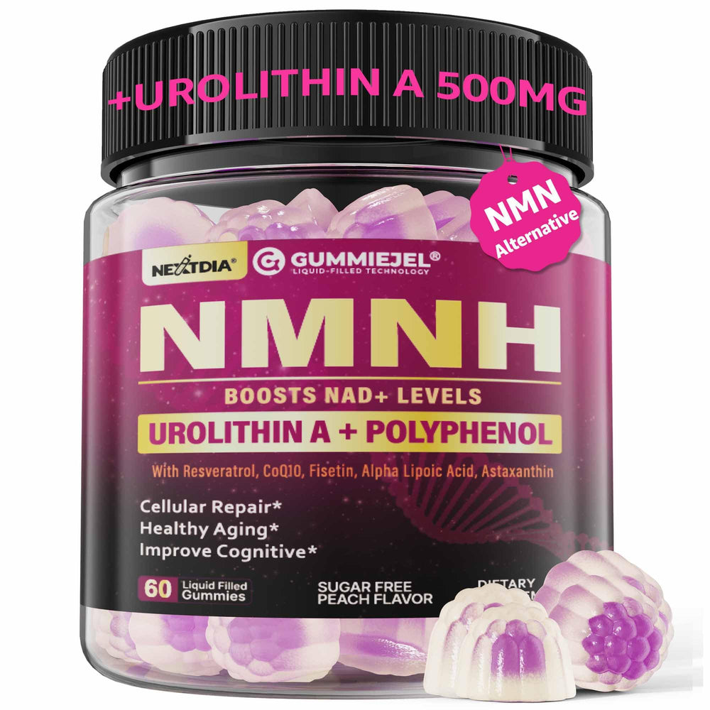 Nextdia NMNH gummies jar front showing product name and peach flavor