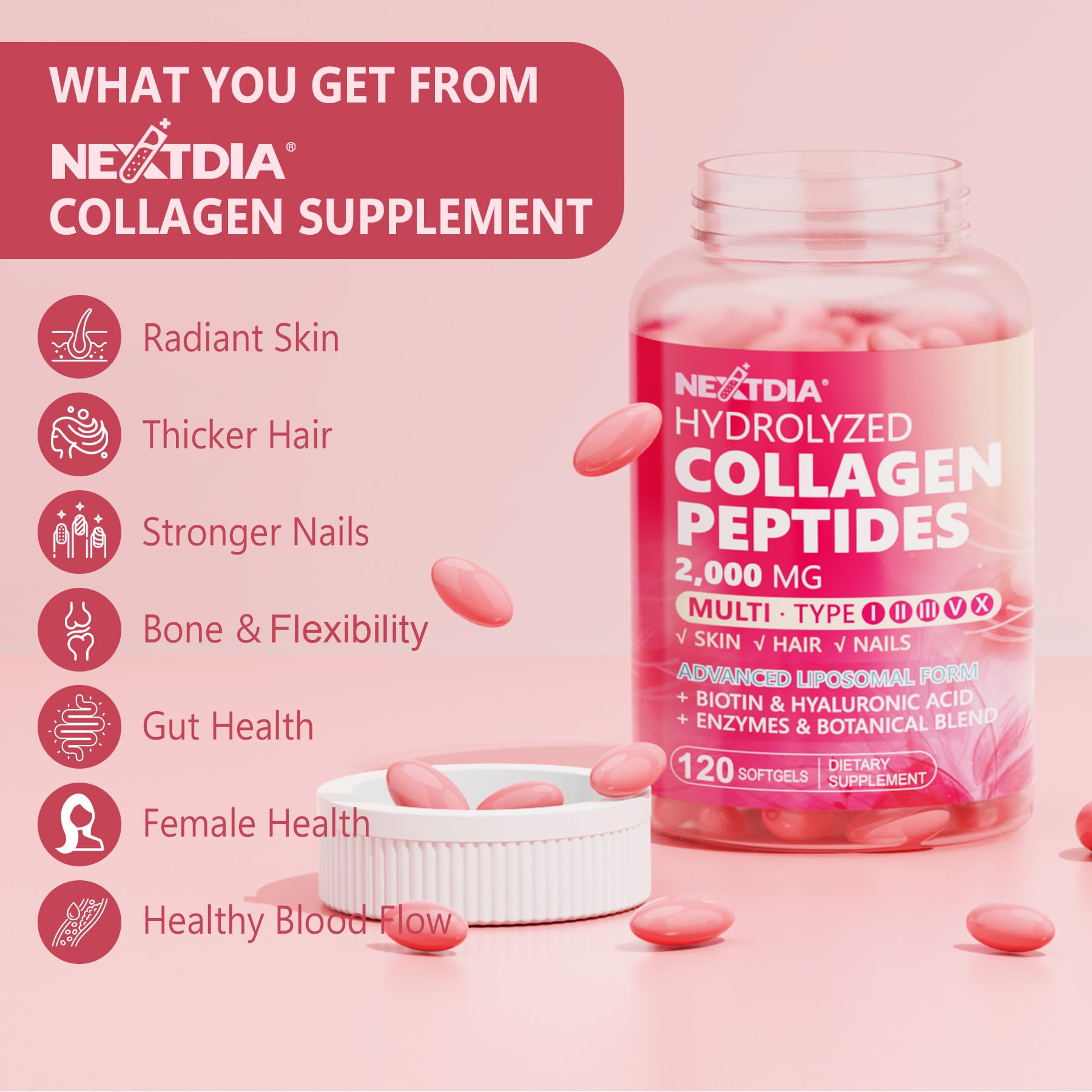 Nextdia collagen pills packaging and capsule consistency in bottle for quality