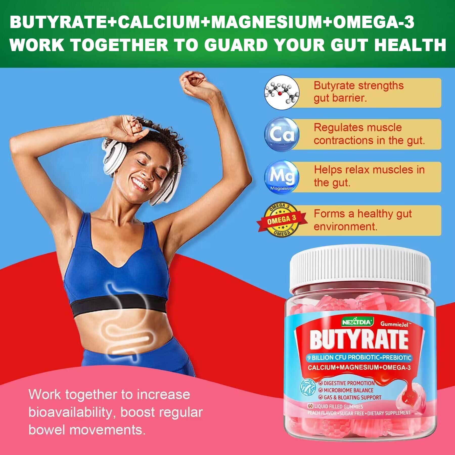 Nextdia algae-derived Omega-3 gummies suggesting gut health support