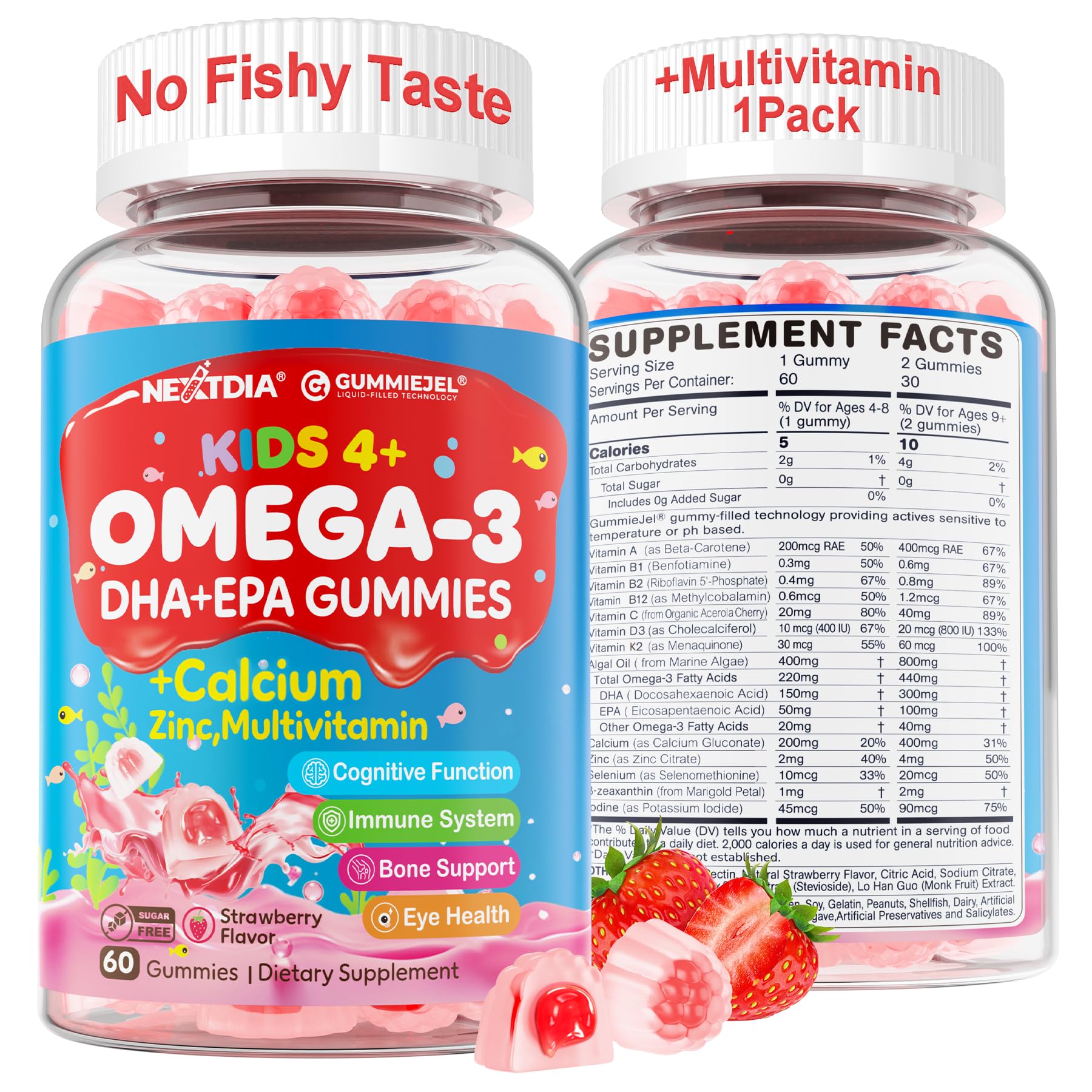 Nextdia Omega3 Kids Gummies bottle supports focus with a brain-friendly formula